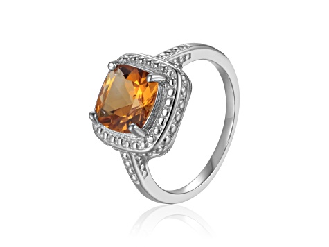 Square Cushion Citrine Sterling Silver Solitaire with Beaded Halo Ring, 1.95ct