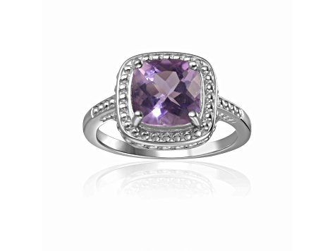 Square Cushion Amethyst Sterling Silver Solitaire with Beaded Halo Ring, 2.00ct