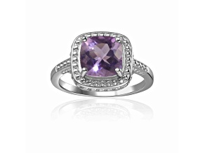 Square Cushion Amethyst Sterling Silver Solitaire with Beaded Halo Ring, 2.00ct