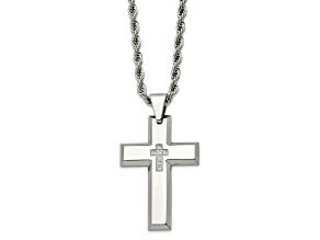 White Cubic Zirconia Stainless Steel Men's Cross Pendant With Chain