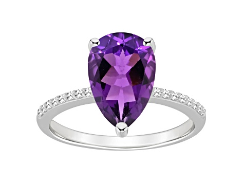 12x8mm Pear Shape Amethyst and 1/10 ctw Diamond Rhodium Over Sterling Silver Ring