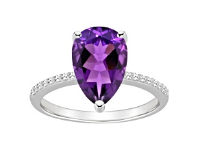 12x8mm Pear Shape Amethyst and 1/10 ctw Diamond Rhodium Over Sterling Silver Ring