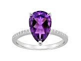 12x8mm Pear Shape Amethyst and 1/10 ctw Diamond Rhodium Over Sterling Silver Ring