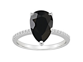 12x8mm Pear Shape Black Onyx and 1/10 ctw Diamond Rhodium Over Sterling Silver Ring