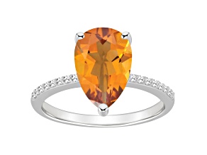 12x8mm Pear Shape Citrine and 1/10 ctw Diamond Rhodium Over Sterling Silver Ring