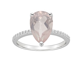 12x8mm Pear Shape Rose Quartz and 1/10 ctw Diamond Rhodium Over Sterling Silver Ring