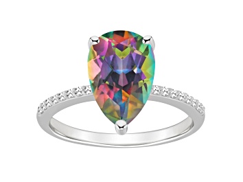 Picture of 12x8mm Pear Shape Mystic Topaz and 1/10 ctw Diamond Rhodium Over Sterling Silver Ring