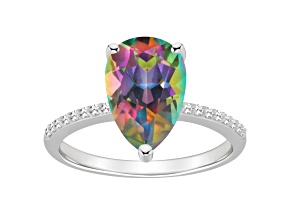 12x8mm Pear Shape Mystic Topaz and 1/10 ctw Diamond Rhodium Over Sterling Silver Ring