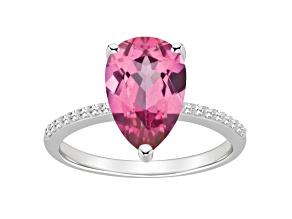 12x8mm Pear Shape Pink Topaz and 1/10 ctw Diamond Rhodium Over Sterling Silver Ring
