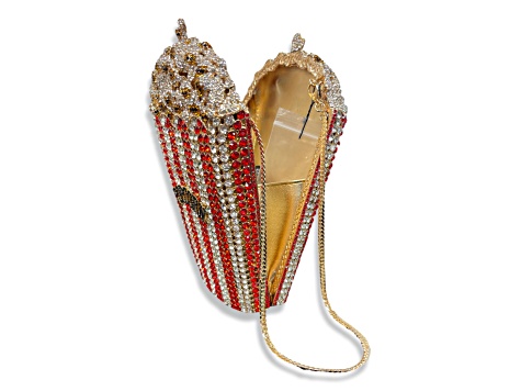 Gold Tone Red and White Crystal Popcorn Clutch