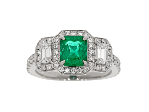 Rectangular Brilliant Cut Green Emerald and White Diamond Platinum Ring. 2.20 CTW