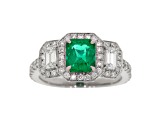 Rectangular Brilliant Cut Green Emerald and White Diamond Platinum Ring. 2.20 CTW