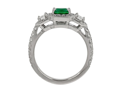 Rectangular Brilliant Cut Green Emerald and White Diamond Platinum Ring. 2.20 CTW
