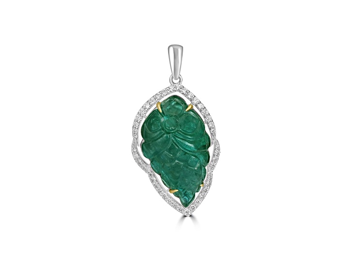 46.63 Ctw Carved Emerald 1.21 Ctw White Diamond Pendant in 18K WG