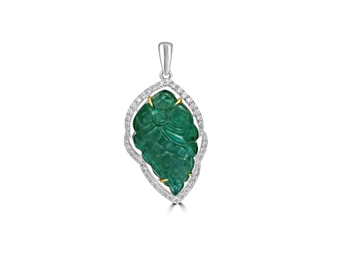 46.63 Ctw Carved Emerald 1.21 Ctw White Diamond Pendant in 18K WG