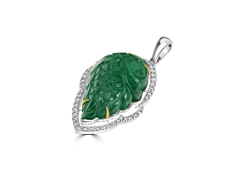 46.63 Ctw Carved Emerald 1.21 Ctw White Diamond Pendant in 18K WG