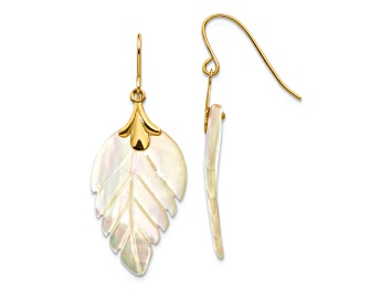 Picture of 14K Yellow Gold Mother of Pearl Leaf Dangle Earrings