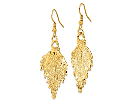 24k Yellow Gold Dipped Birch Leaf Gold-tone Dangle Earrings