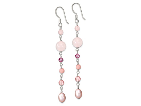 Sterling Silver Pink Freshwater Pearl, Red and Rose Quartz, Pink Jadeite and Thulite Dangle Earrings