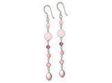 Sterling Silver Pink Freshwater Pearl, Red and Rose Quartz, Pink Jadeite and Thulite Dangle Earrings
