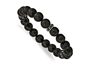 Stainless Steel Polished Black Enamel Lava Stone Beads Stretch Bracelet