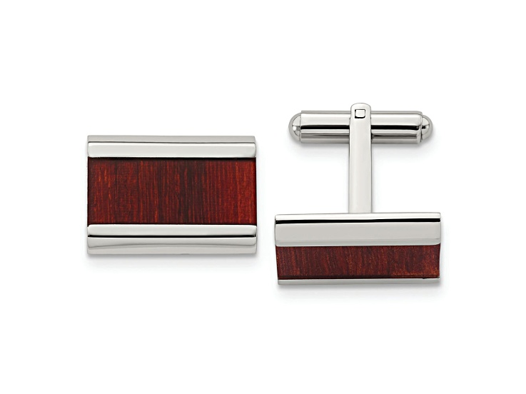 Stainless Steel Polished Red Koa Wood Inlay Rectangle Cufflinks