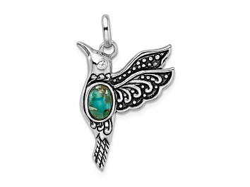 Picture of Rhodium Over Sterling Silver Oxidized Turquoise and Cubic Zirconia Hummingbird Pendant