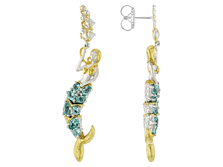 Teal Dauphin Apatite Rhodium/24K Yellow Gold Over Palladium Sterling Silver Mermaid Earrings 2.53ctw