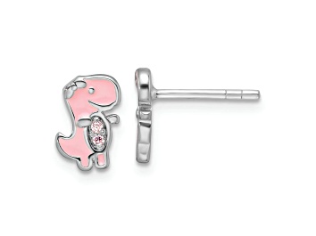 Picture of Rhodium Over Sterling Silver Pink Cubic Zirconia and Enamel Dinosaur Children's Post Earrings