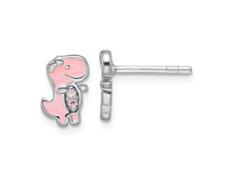 Rhodium Over Sterling Silver Pink Cubic Zirconia and Enamel Dinosaur Children's Post Earrings