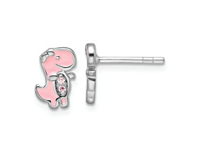 Rhodium Over Sterling Silver Pink Cubic Zirconia and Enamel Dinosaur Children's Post Earrings