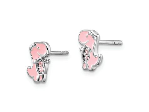 Rhodium Over Sterling Silver Pink Cubic Zirconia and Enamel Dinosaur Children's Post Earrings