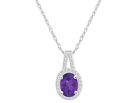 8x6mm Oval Amethyst 1/7 ctw Diamond Rhodium Over Sterling Silver Halo Pendant with Chain