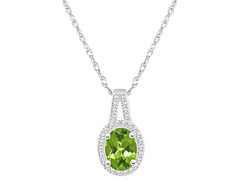 8x6mm Oval Peridot 1/7 ctw Diamond Rhodium Over Sterling Silver Halo Pendant with Chain