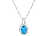 8x6mm Oval Blue Topaz 1/7 ctw Diamond Rhodium Over Sterling Silver Halo Pendant with Chain