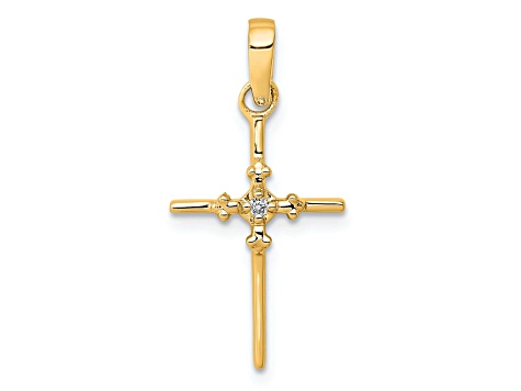 14k Yellow Gold Polished Diamond Budded Cross Pendant