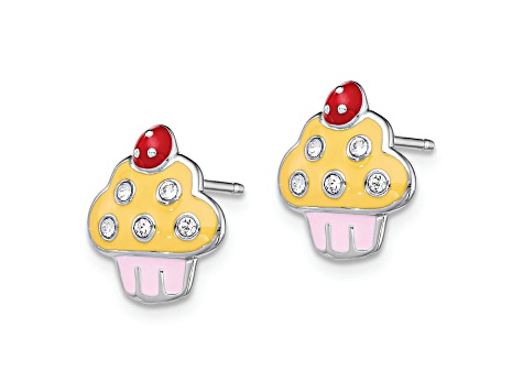 Rhodium Over Sterling Silver Enamel and Crystal Cupcake Post Earrings