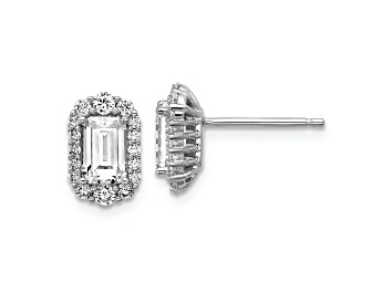 Picture of Rhodium Over Sterling Silver Emerald-cut Cubic Zirconia Halo Post Earrings