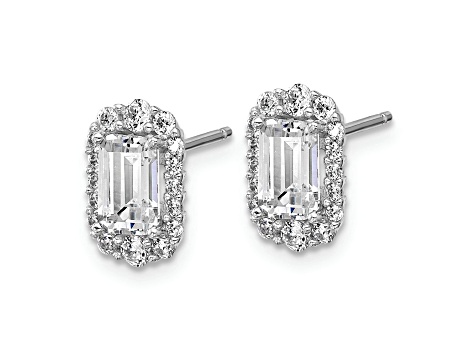 Rhodium Over Sterling Silver Emerald-cut Cubic Zirconia Halo Post Earrings