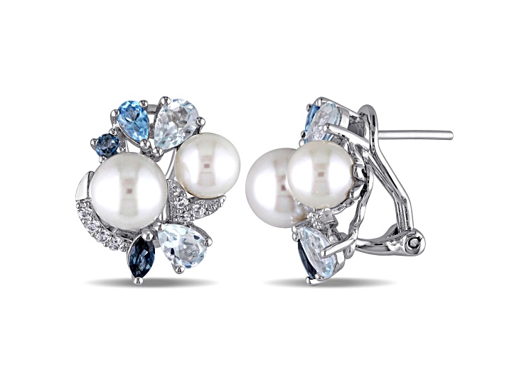 FW Cultured Pearl, Created White Sapphire and Multi-Color Blue Topaz Earrings in Sterling Silver