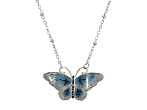 1928 Jewelry Silver Tone Brass Blue and Black Enamel Butterfly Pendant With Chain