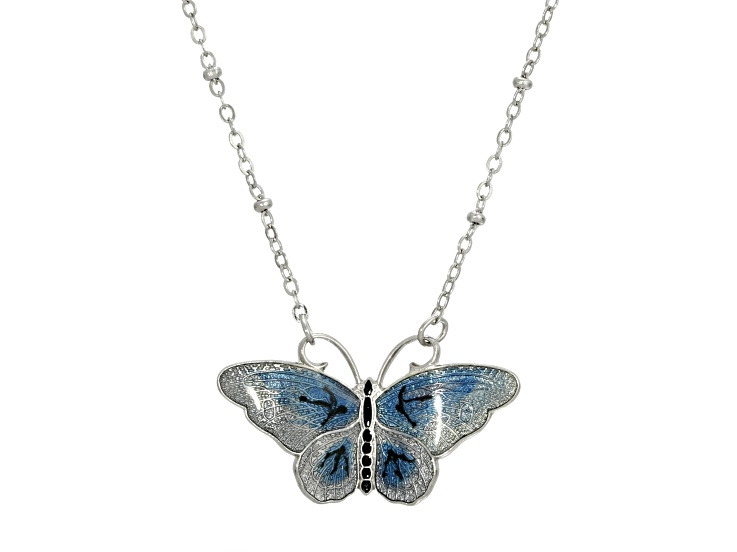 1928 Jewelry Silver Tone Brass Blue and Black Enamel Butterfly Pendant With Chain