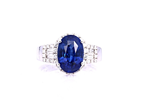 4.84 Ctw Blue Sapphire and 0.60 Ctw White Diamond Ring in 14K WG