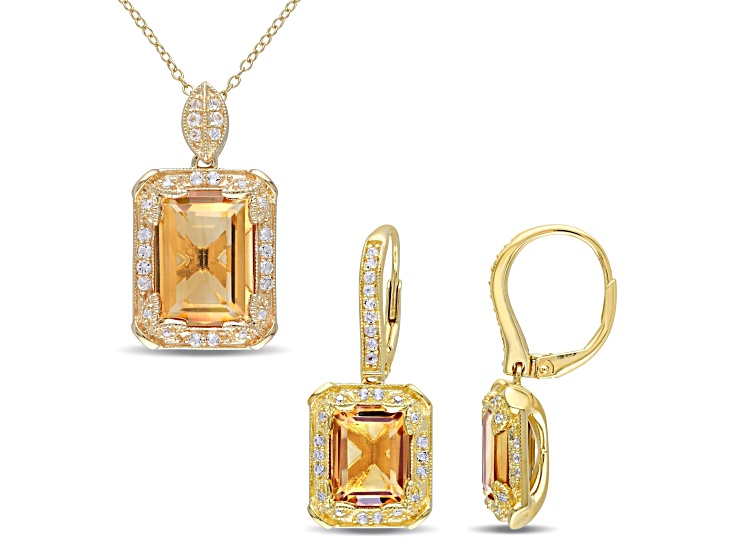 Citrine, White Topaz and Diamond Yellow Plated Sterling Silver Earrings and Pendant Set 13.39ctw