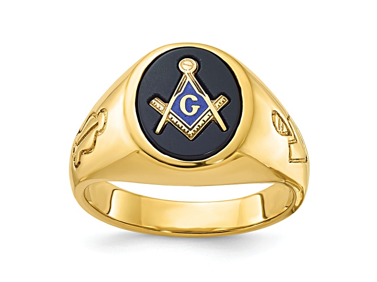 Men's 10k Yellow Gold Freemason Ring - Square And Compass With Blue Stone (Size 16)