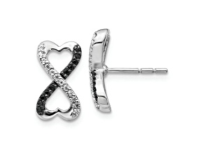 Rhodium Over 14k White Gold Black and White Diamond Infinity Heart Stud Earrings