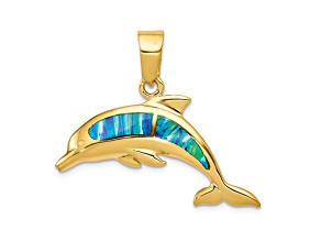 14k Yellow Gold Lab Created Opal Dolphin Pendant