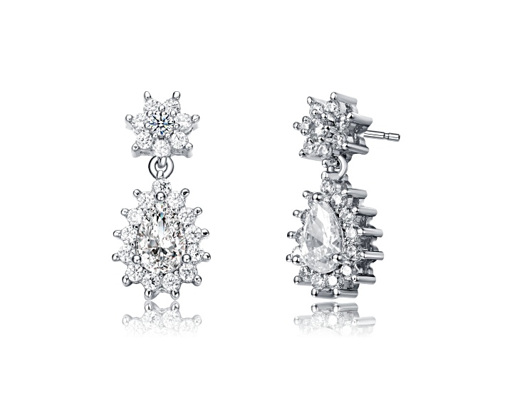 Rhodium Plated over Brass with Clear Cubic Zirconia Double Flower Cluster Dangle Earrings