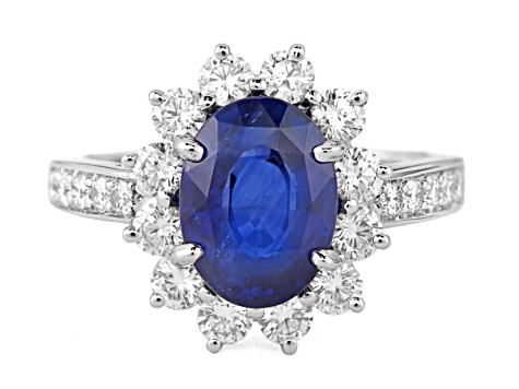 Oval Blue Sapphire and White Diamond Platinum Ring. 4.21 CTW