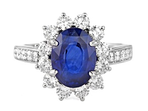 Oval Blue Sapphire and White Diamond Platinum Ring. 4.21 CTW
